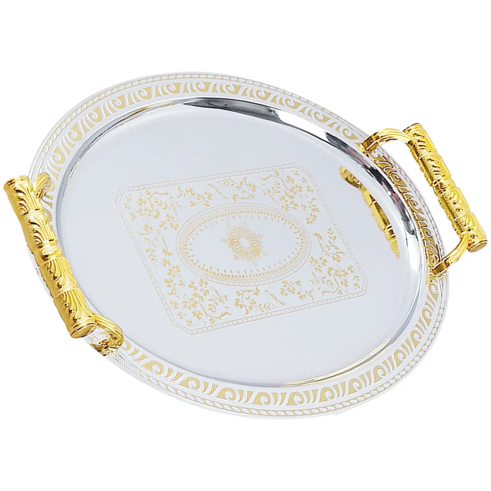 

European Pattern Tray Dresser Stainless Steel Coffee Table Snack Fruit Serving Dish Platter Printing Trinket