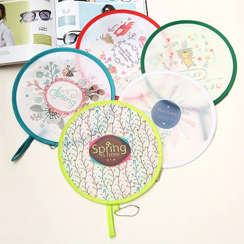 

1PC Mini Portable Folding Fan Portable Cartoon Pocket Cloth Fan Embroidery Flower Round Silk Fans Creative Foldable Fan Gift