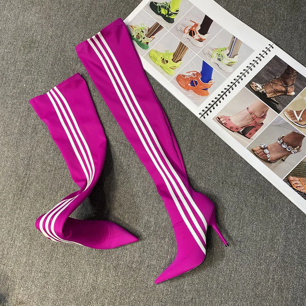 Skintight Stretch Wide Leg Fit Women's Super Long Boots Thigh High  Custom Booties 3 White Stripes Stiletto Heels Shoes