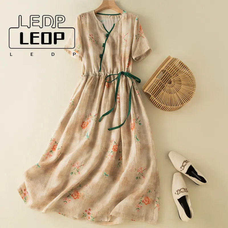 

Ramie Print Dress Female Middle-aged Mother Dress Temperament Foreign Style 2023 Summer New Cotton and Linen Retro Ethnic Style