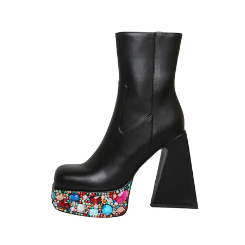 British Wind 2023 Autumn and Winter New Waterproof Platform Rhinestone Thick Heel High Heel Chimney Boots Leather Ladies Boots