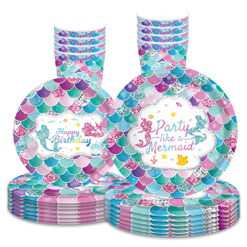

Fancy Little Mermaid Theme Party Disposable Tableware Set Paper Plate Napkin Paper Cup Happy Birthday Party Decor Kids Girl