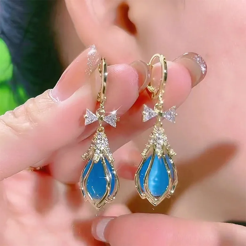 Korean New Blue Opal Bowknot Ear Buckle Temperament Fashion Sweet Earrings Women's Jewelry