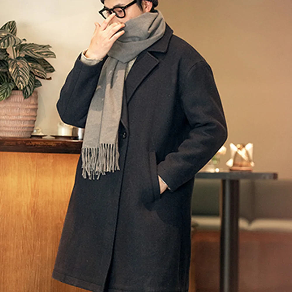 Maden Мужское ретро черное пальто из плотной шерстяной фланели Утепленное