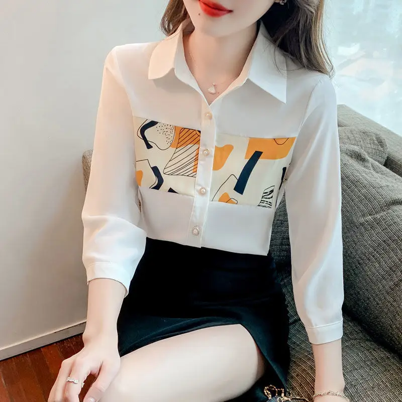 

Fashion Printed Spliced White Shirt for Female 3/4 Sleeve Summer Korean Casual Turn-down Collar Button Blouse Women's Clothing
