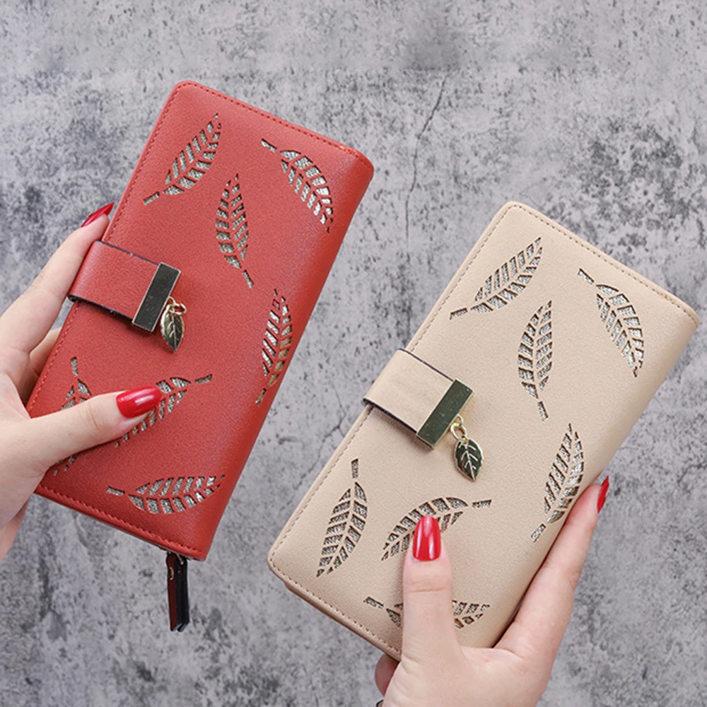 

New Women's Bifold Wallets Fashion Hollow Golden Leaf Buckle Wallets Long Zipper Coin Purses Ladies Card Holder Clutch Money Bag