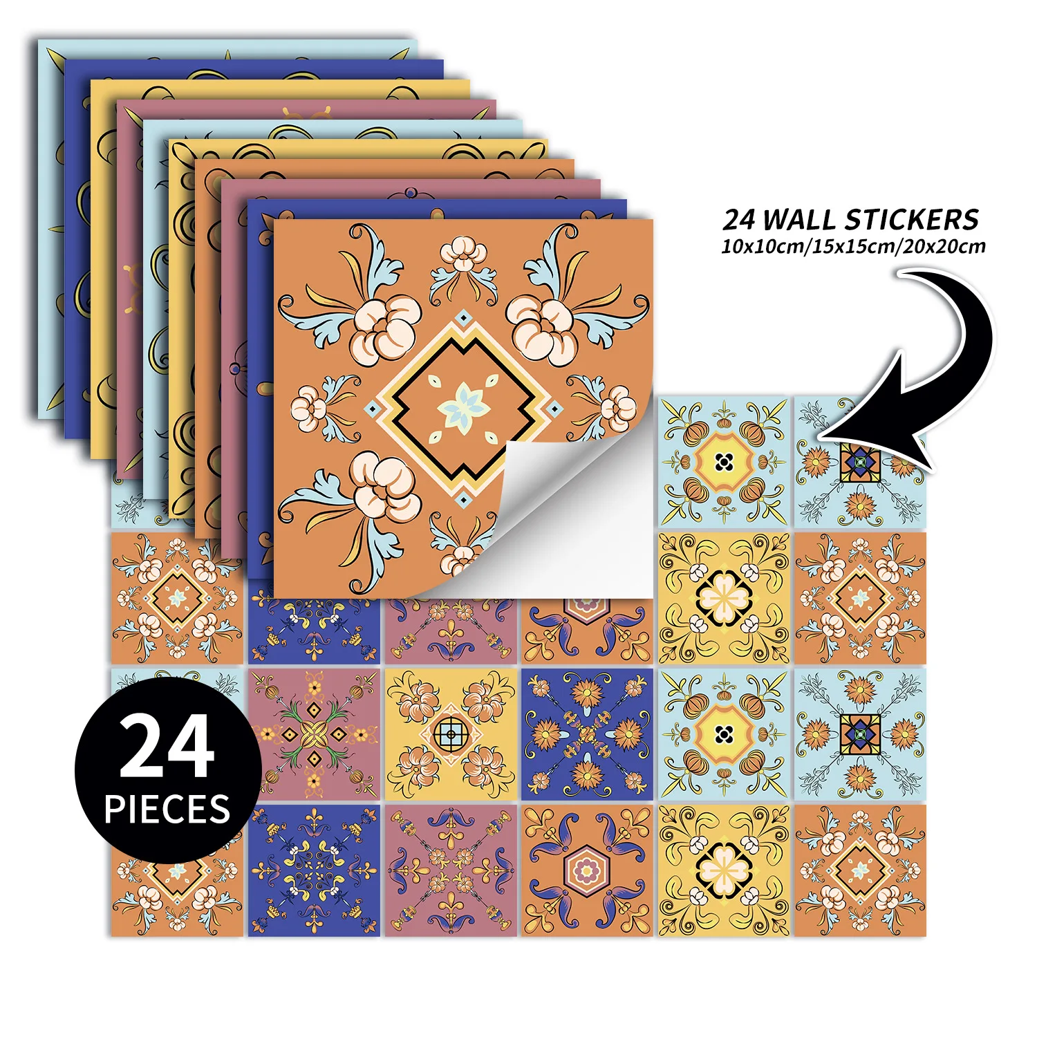 

24PCS Morocco Style Creative Wall Stickers for Kitchen Backsplash Bathroom Waterproof Self Adhesive Wall Decor Art Mural