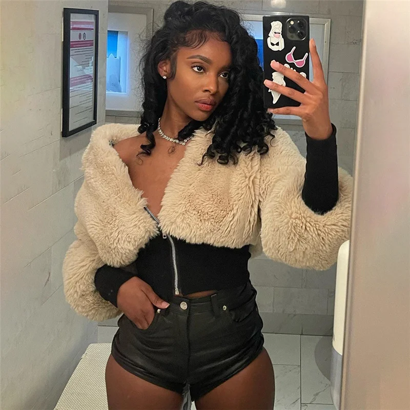 

Зимнее новое пальто Zabrina из искусственного меха, флисовая короткая облегающая куртка в стиле пэчворк, женская модная шерстяная Верхняя одежда на молнии с длинным рукавом и V-образным вырезом