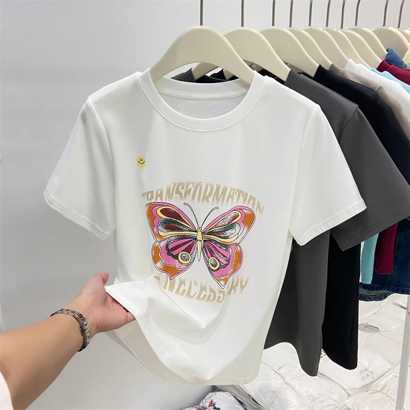 Футболка женская с коротким рукавом и круглым вырезом базовый топ принтом