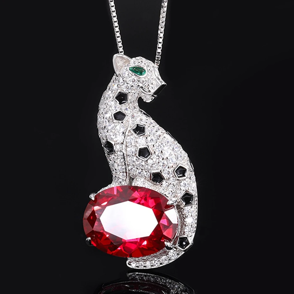 

S925 Sterling Silver Black Spot Sapphire Blue Emerald Green Ruby Red CZ Diamond Leopard Pendant Panther Necklace Jewelry Women