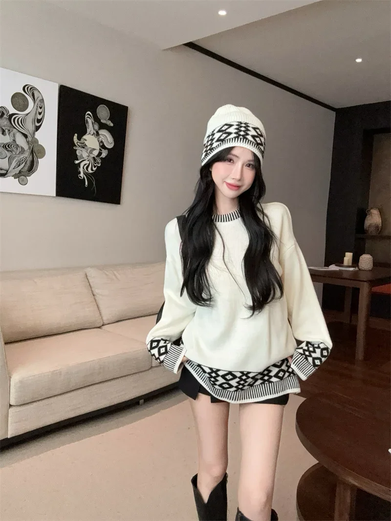 MiiiiX универсальный свободный жаккардовый вязаный свитер контрастного цвета