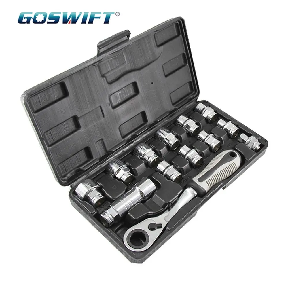 

GOSWIFT 13pcs 3/8 Inch Drive Pass Thru Ratchet Spanner Socket Set Fits-All Hex Bit Holder Converter Wrench Adapter Repair Tools