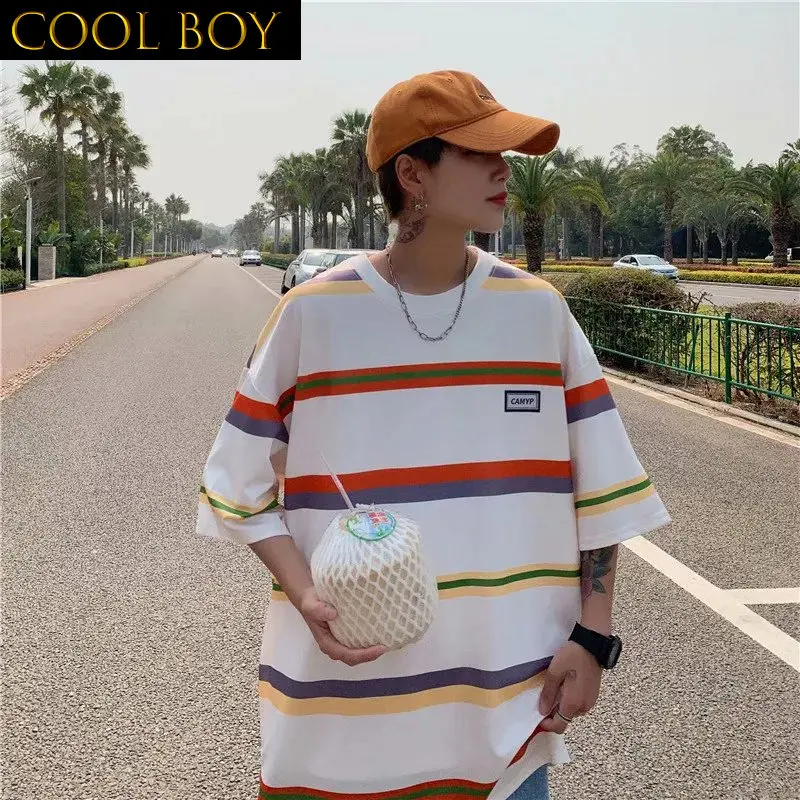 

J GIRLS Fashion Business Style Striped Men's Loose T-Shirt Oversized Teen Simple Male Hip Hop Funny Vintage Pullover Tops
