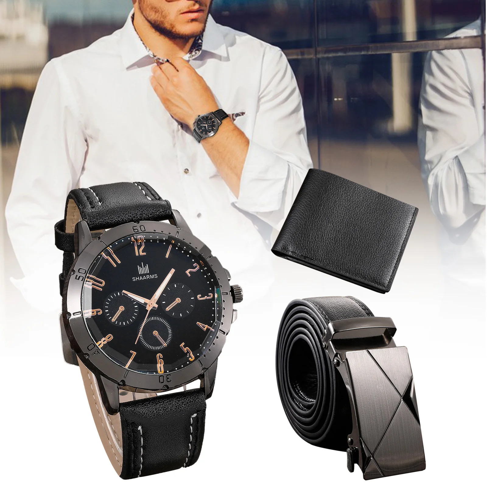 

Мужские часы + кошелек + ремень набор мужской подарок на день отца подарок на день рождения 3 шт./компл. для папы парня повседневные кварцевые ...
