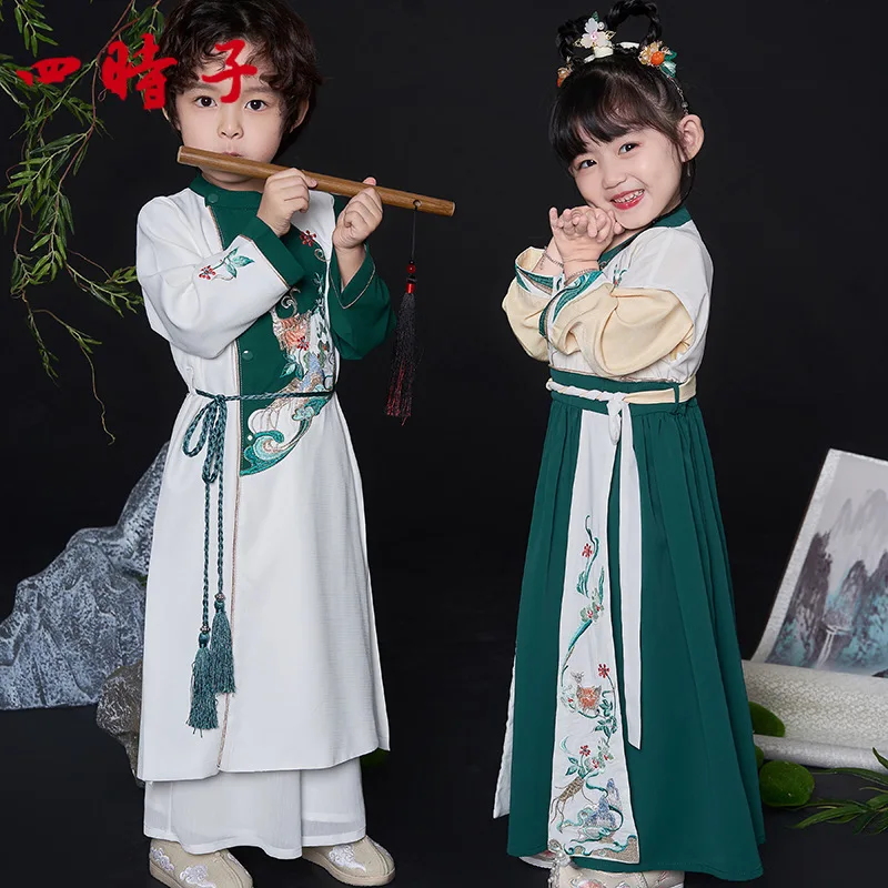 

Chinese Clothing Children's Spring New Original Antiquity Boys and Girls Suits Improved Long Sleeve Hanfu Siblings Costume