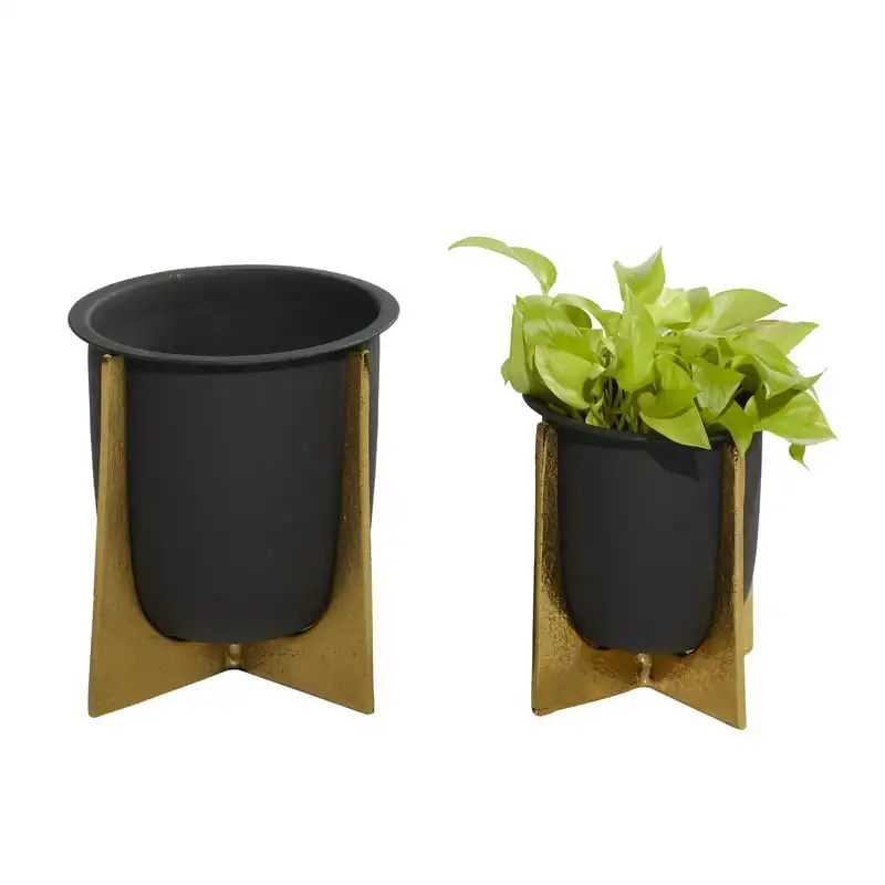 

9", 7"H Indoor Outdoor Black Metal Planter with Removable Gold Stand (2 Count)