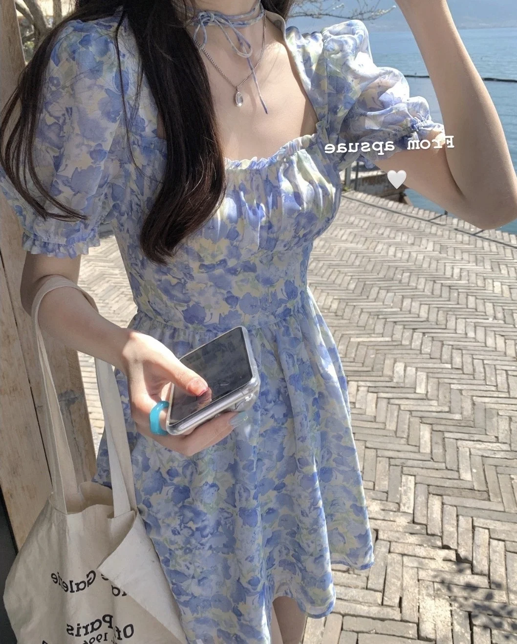 

Women Blue Floral Dress Female Fashion Hollow Out Backless High Waist A-shaped Oil Painting Short Dress