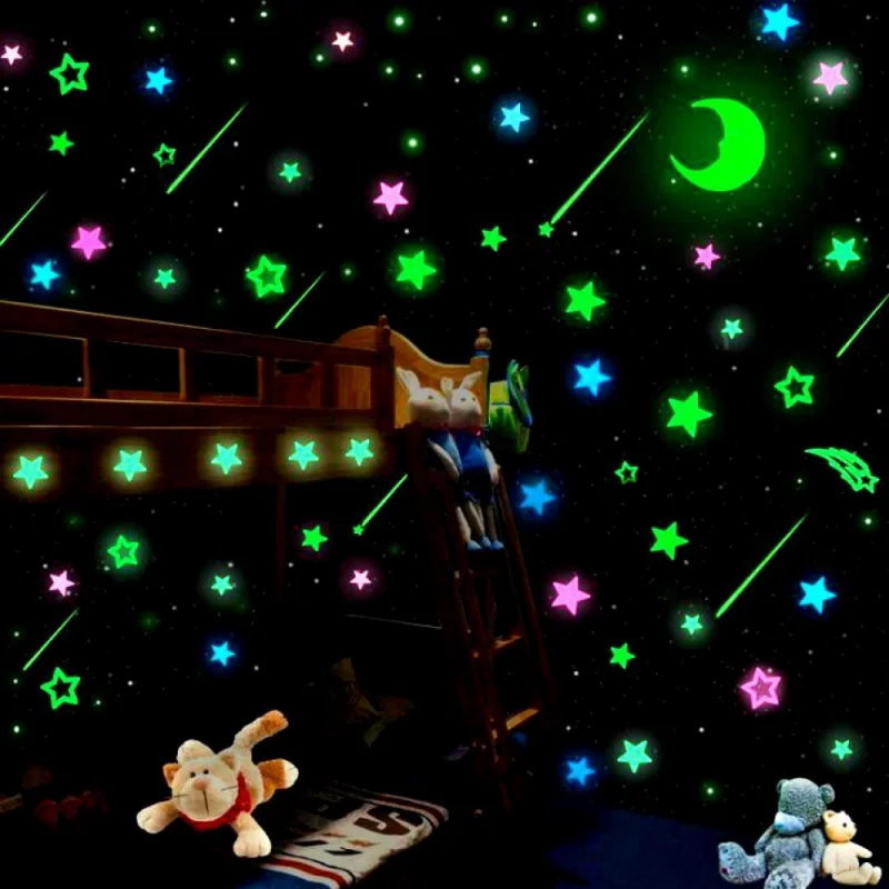 

100Pcs 3D Kids Bedroom Fluorescent Glow In The Dark Arrow Stars Snowflake Moon Glow Wall Stickers Stars Luminous Glow Sticker