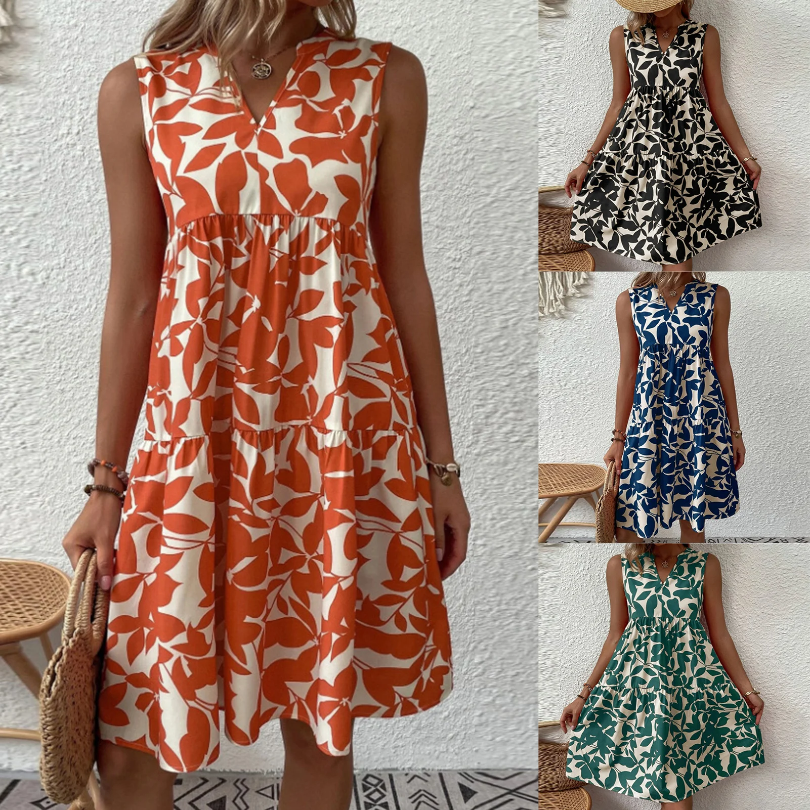 

Женское летнее платье без рукавов с цветочным принтом, мини-платье на бретелях с V-образным вырезом, пляжные платья в стиле бохо, элегантное платье-трапеция, короткое платье