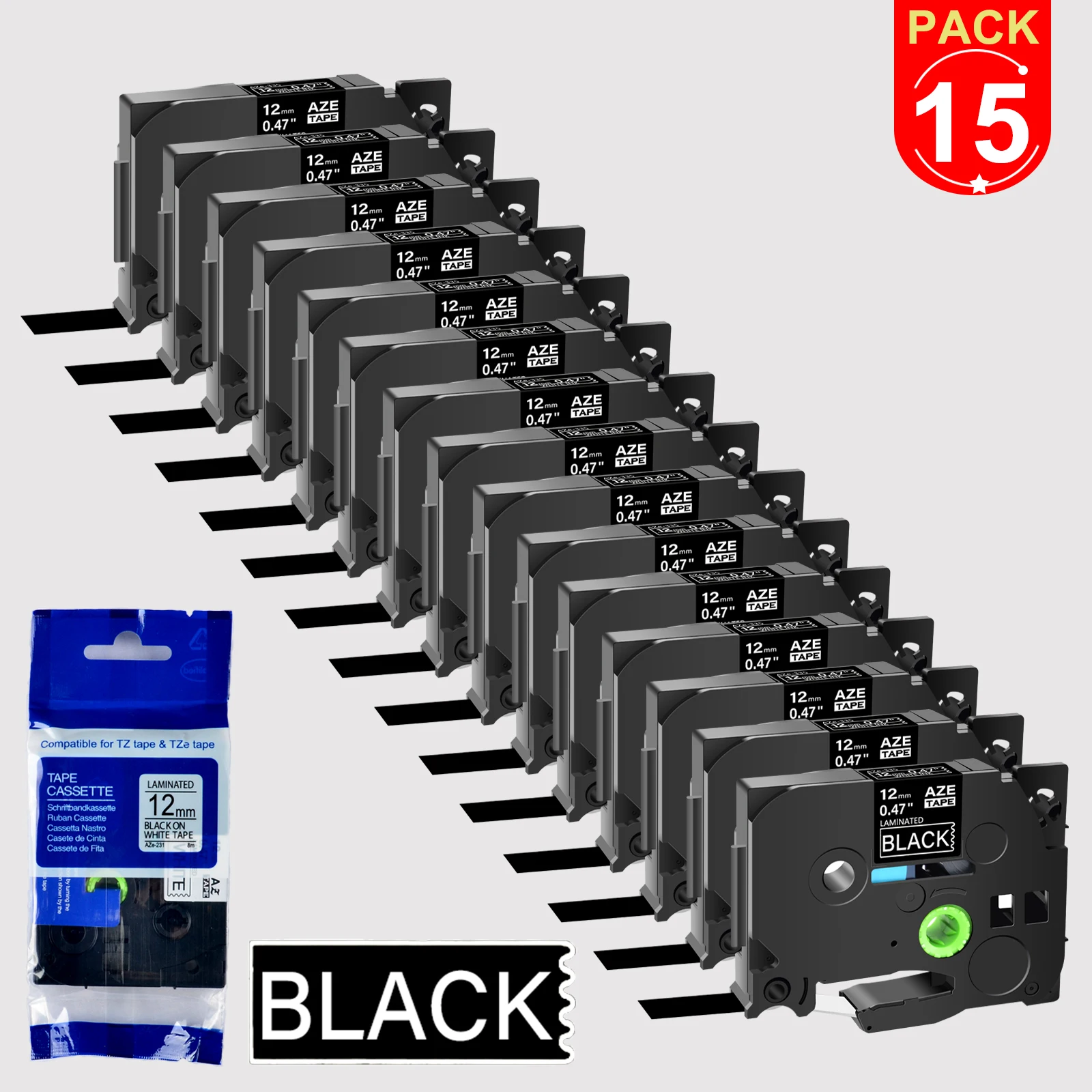 Ламинированная лента для этикеток 15PK белая на черном совместима с Brother TZe-335