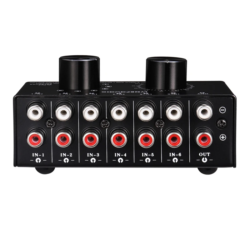 

6 Input 1 Output Switcher Audio Source Selection Switcher RCA Audio Input Signal Selector Switch with Volume Adjustment and Manu