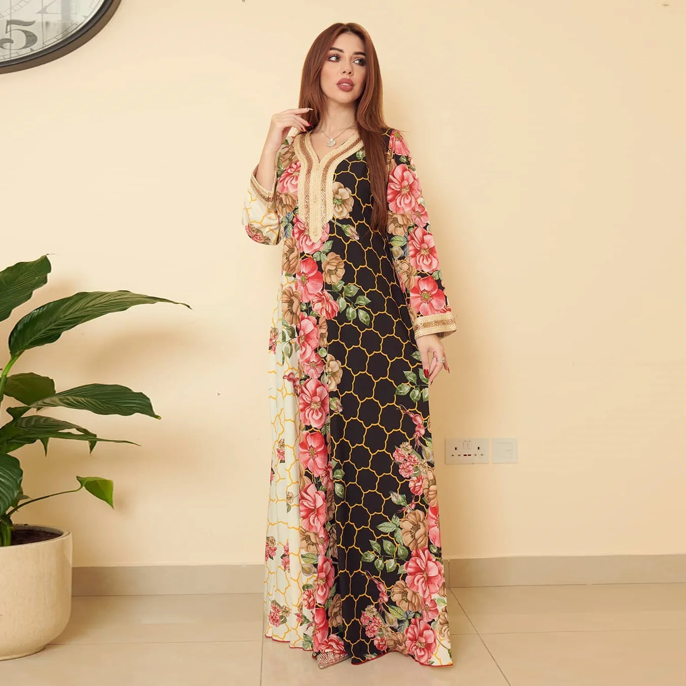 Middle East Abaya Islamic lady Style Lace Long Sleeve Loose Abaya Printing dresses for Muslims  abayas for women dubai