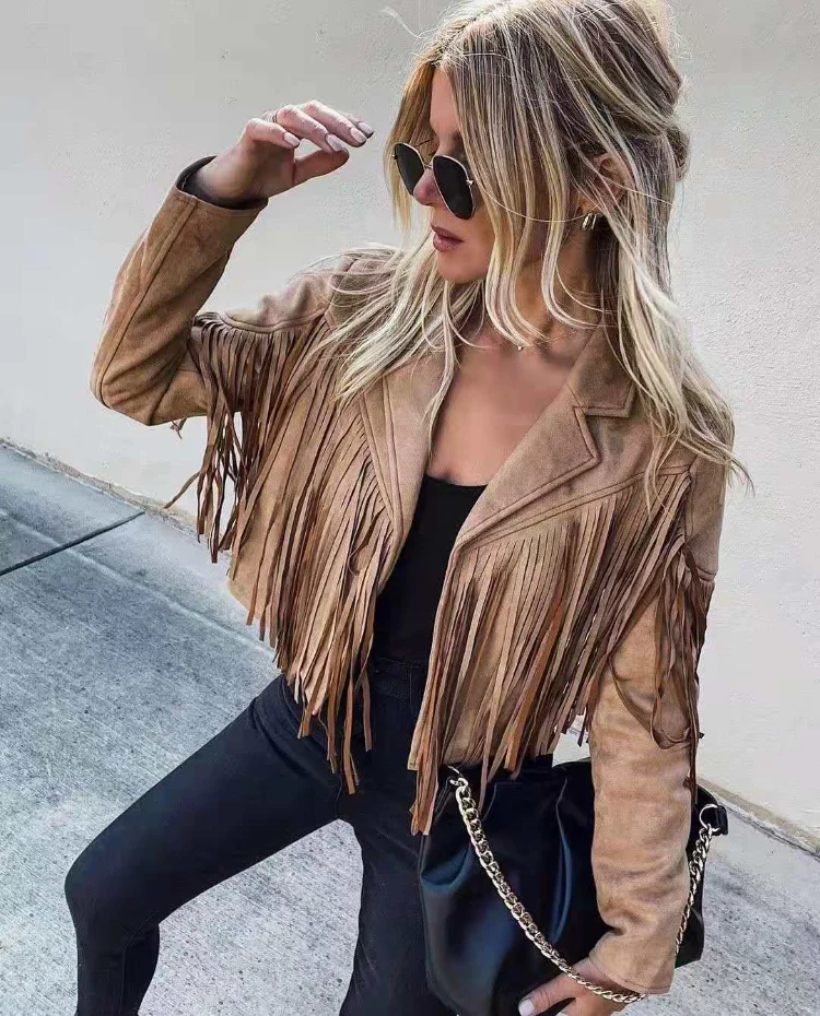 

Autumn Women Blazer Jacket Turn Down Collar Tassel Design Long Sleeve Coats For Women Casual Short Jakcet