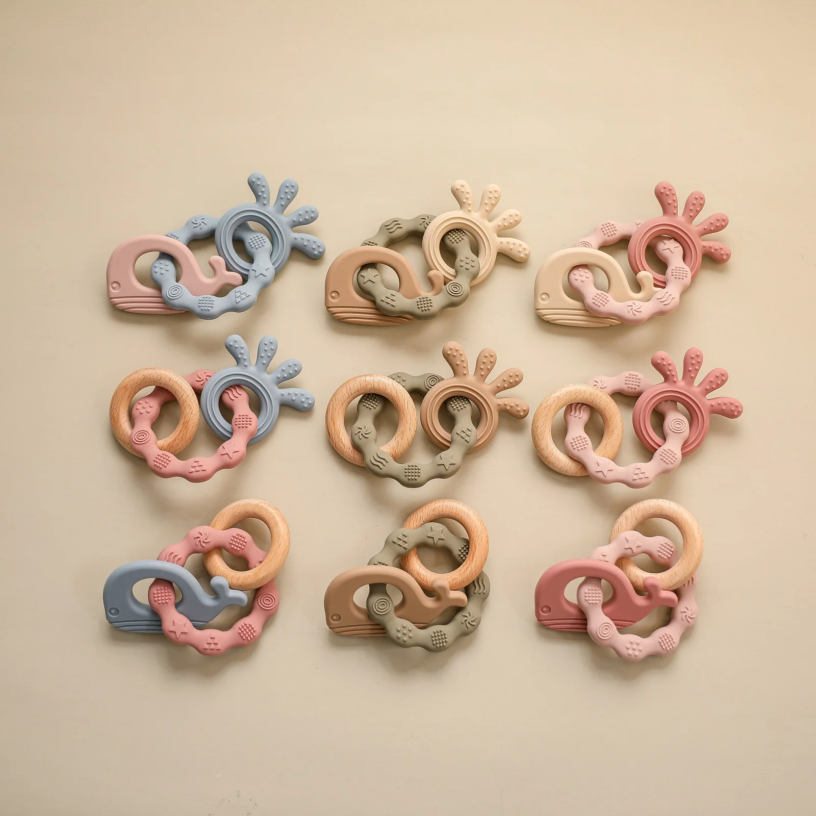 

1pc Baby Teether Silicone Bracelet BPA Free Cute Animal Silicone Pendant Wood Ring Teething Rattle for Baby Accessories Toys