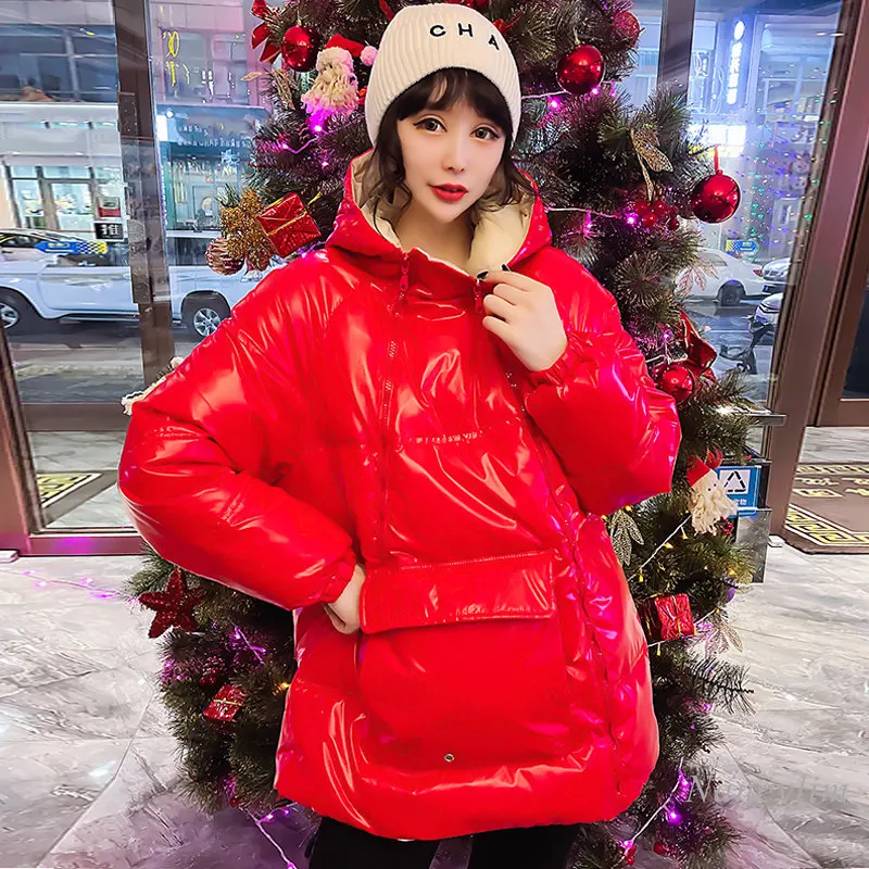 Christmas Coat for Women New Popular Red Cotton-Padded Cloth Women's Hooded Double Zipper Glossy Coats Parkas Winter