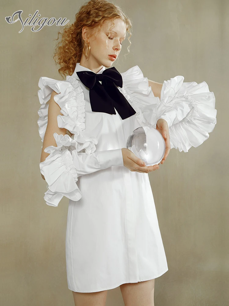 

Ailigou 2022 New Ruffle Bow Fashion Shirt Dress White Harajuku Summer Loose Retro Casual Streetwear Ladies Dress Vestidos