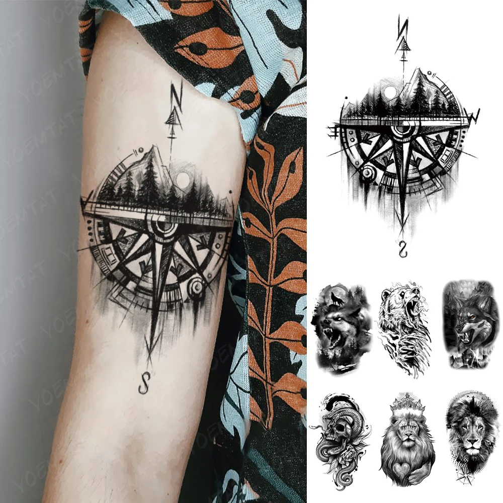 

Водостойкая временная татуировка, наклейка с компасом, волк, Лев, лес, татуировки, Реалистичная рука, искусственная татуировка, змея, черепа, мужские искусственные татуировки