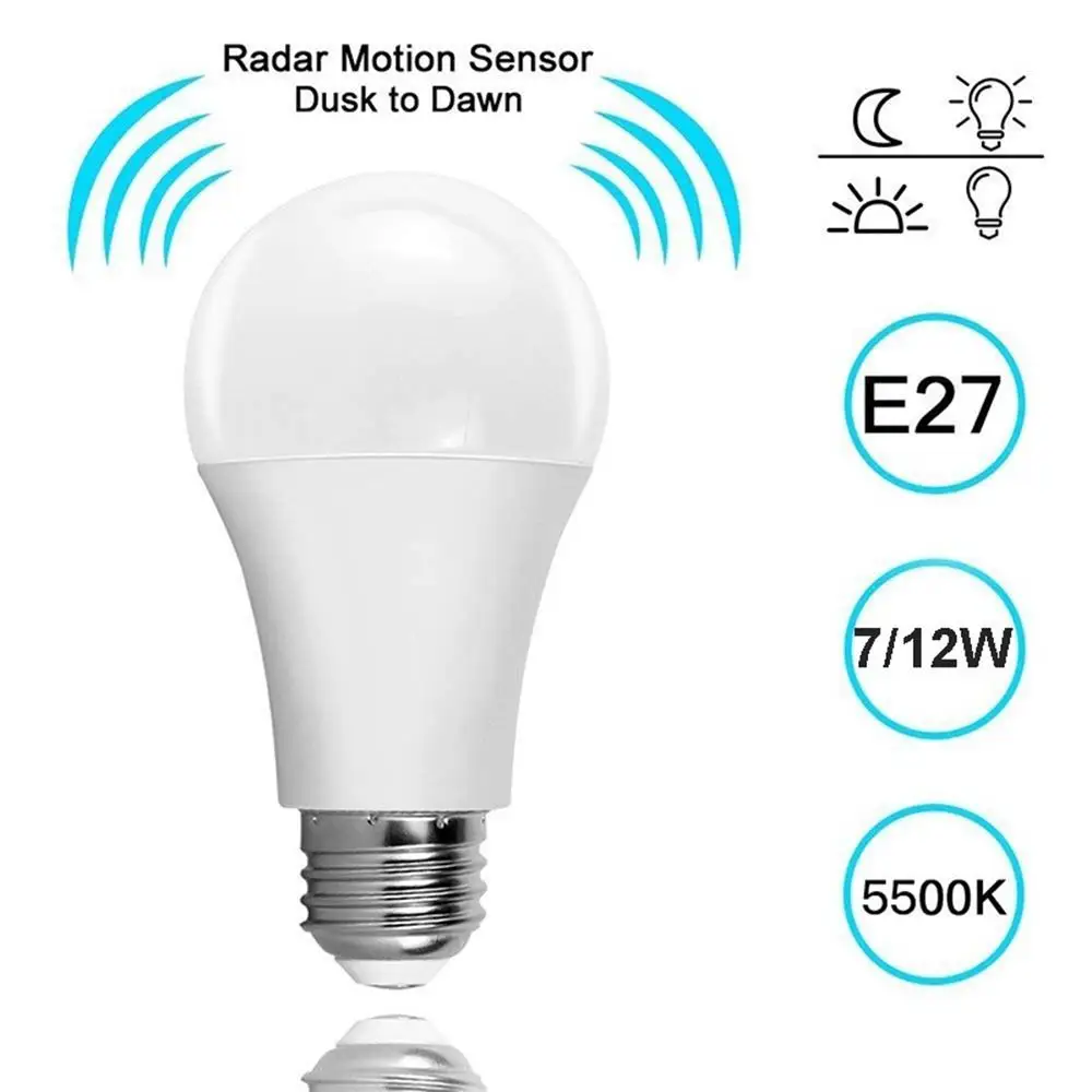 

5/7/9/12W E27 LED Radar Bulb 85-265V SMD5730 PIR Motion Sensor Courtyard Street White Light Plastic-Coated Smart Lamp Bulb