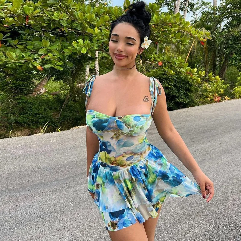 

Beautiful Floral Print Skater Dresses Cute Sexy Spaghetti Strap Fit And Flare Mini Dress Party Night Dress Clubwear Vestidos