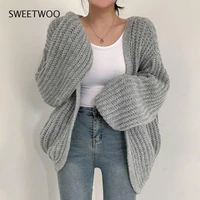 women sweaters 2021 autumn korean chic lazy style v neck wild loose casual solid color lantern sleeve knitted cardigan fashion