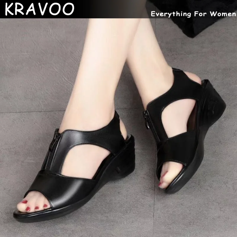 

KRAVOO Women Shoes Peep Toe Women Zipper Sandals Wedge Heel Slippers Women Thick Increase Sandal Women Summer 2023 New Shoes