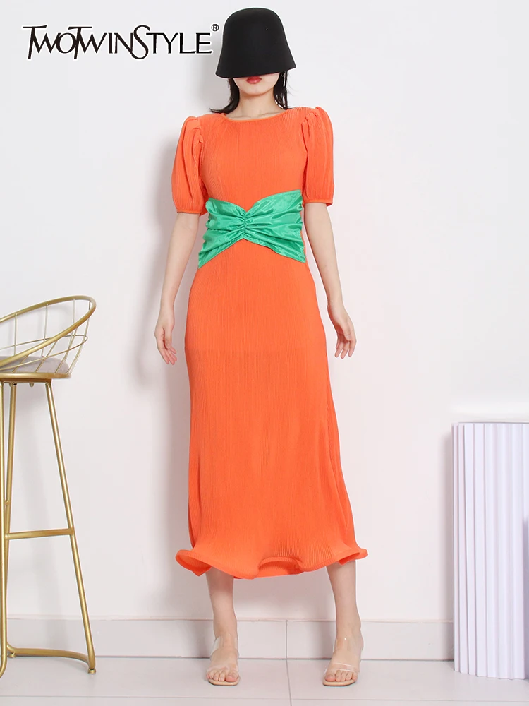 

TWOTWINSTYLE Casual Loose Dress For Women Round Neck Short Sleeve High Waist Patchwork Colorblock Midi Dresses Female Summer New