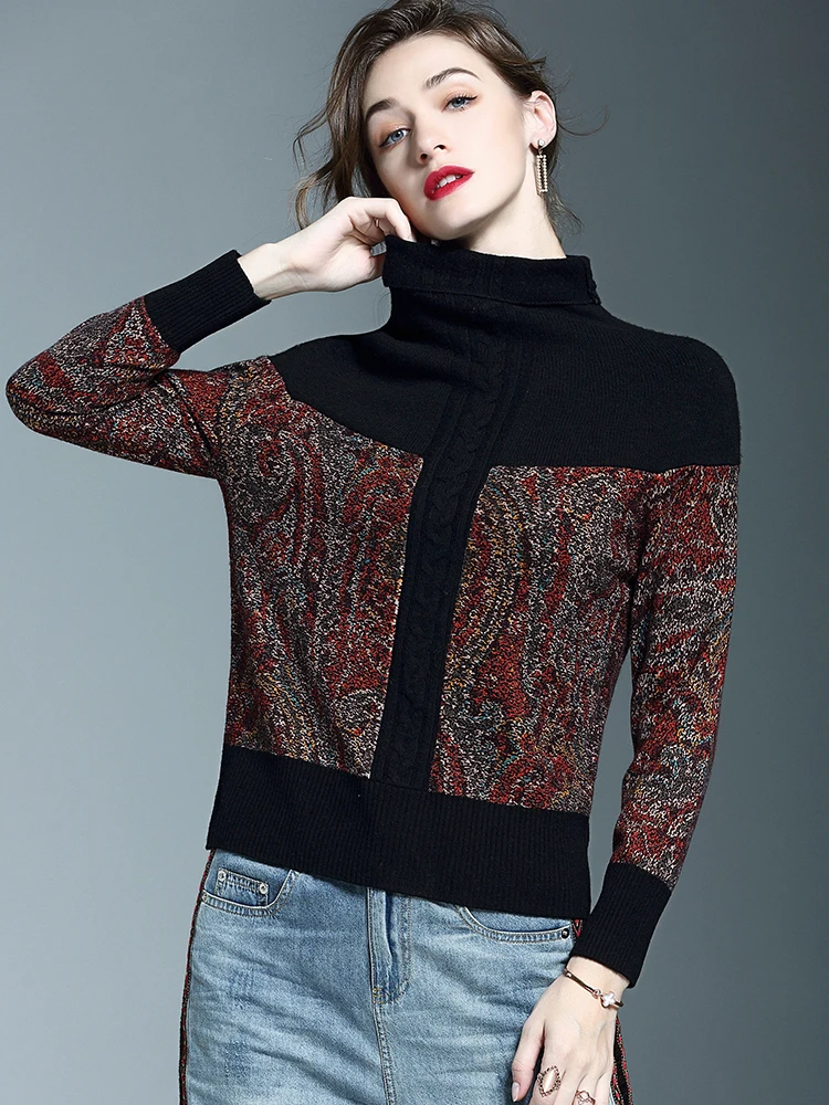

Autumn and Winter 2022 New in Trend Fashion Thick Warmth Knitted Shirt Short Top High Collar Print Color Pullover Sweater Women