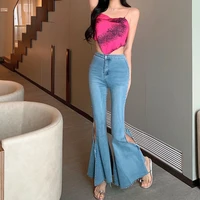 korean women high waist sexy flare pant solid ripped hole jeans fall ladies fashion denim slim bell trouser streetwear bottoms