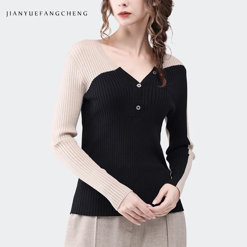 Женский трикотажный свитер с V-образным вырезом и длинным рукавом