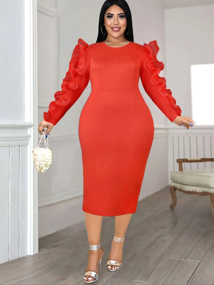 Plus Size Fall Red Midi Bodycon Dress Women Long Sleeve Patchwork Robe Ruffle Stylish Party Gowns 4XL Evening Cocktail Christmas