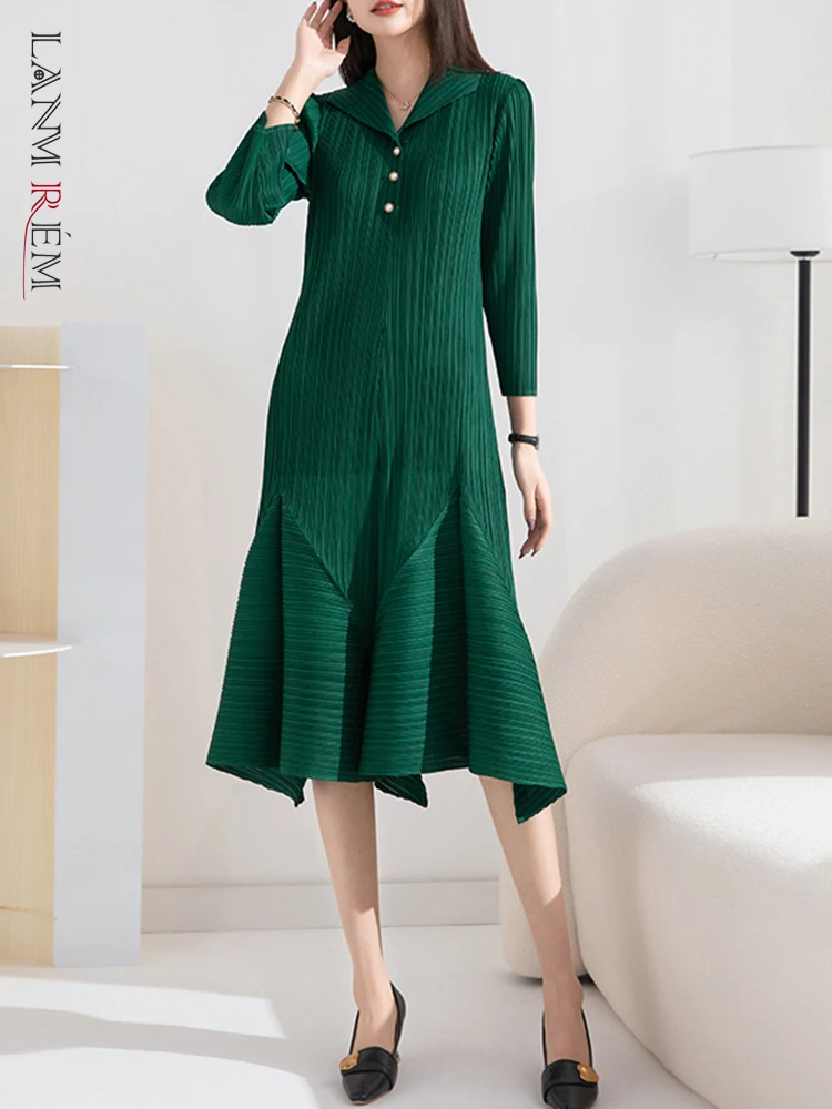 

LANMREM Casual Ruffles Pleated Dress For Women Lapel Long Sleeves Beading Decoration Dresses Female Clothing 2023 Spring 2YA541