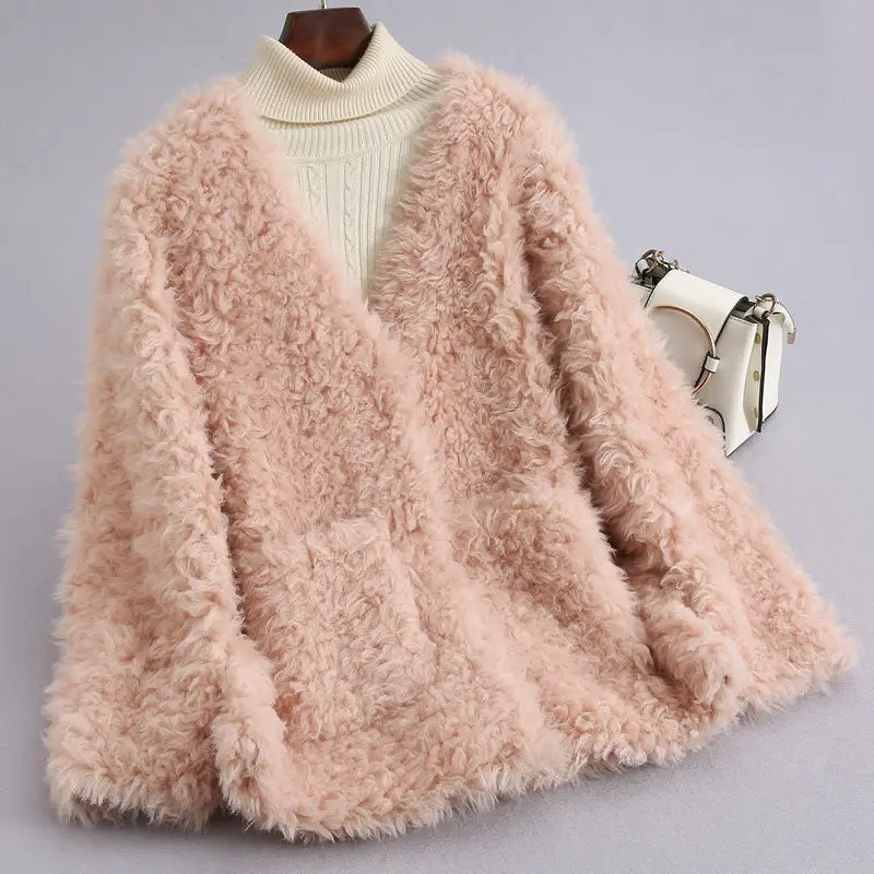 

Woman Winter New Natural Fur Coat Female Long Sleeves Solid Color Outerwear Coats Ladies Slim V-neck Warm Thick Clothing G319