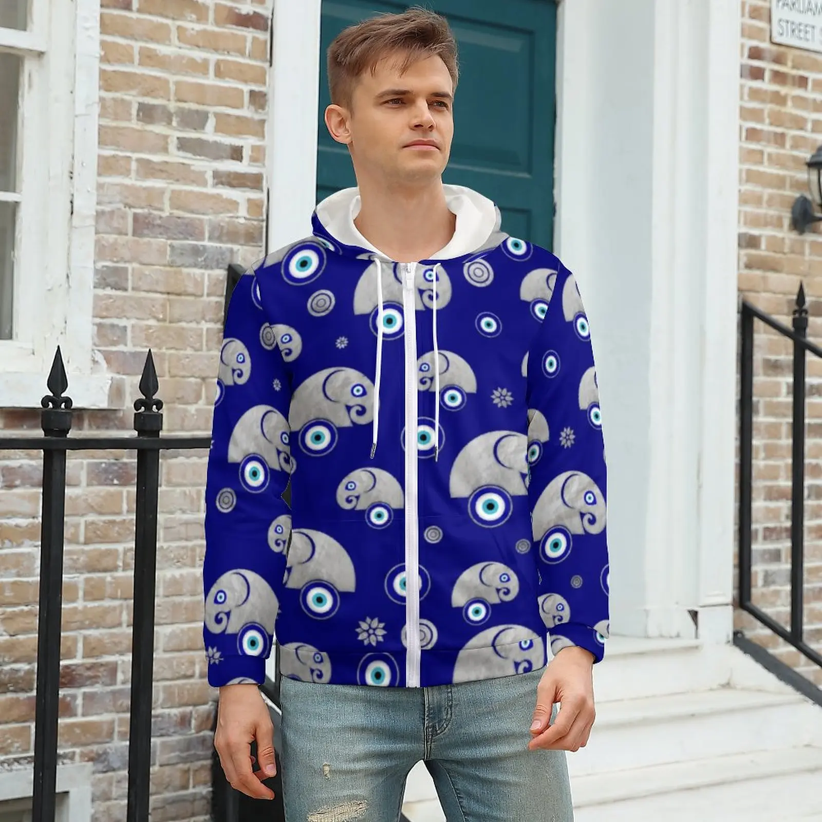 

Cute Elephant Hoodie Blue Evil Eye Print For Man Warm Hoodies Streetwear Zip Up Hoodie Plus Size XXXL