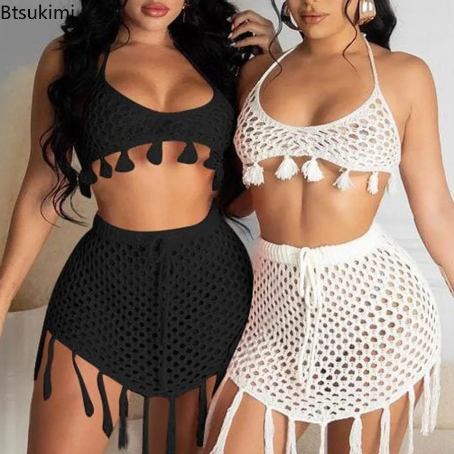 

Summer Women Swimwear Cover-up Sexy Bikinis Hollow-out Two Piece Beach Outfits Tassel Bikini Bathing Suit Beachwear for Girls