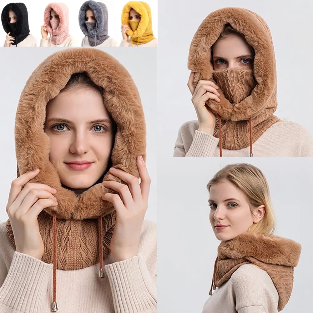 

Вязаная теплая Ветрозащитная маска на все лицо для шеи, шапка, плюшевые теплые пушистые шапки, шапка для женщин, для спорта на открытом возду...