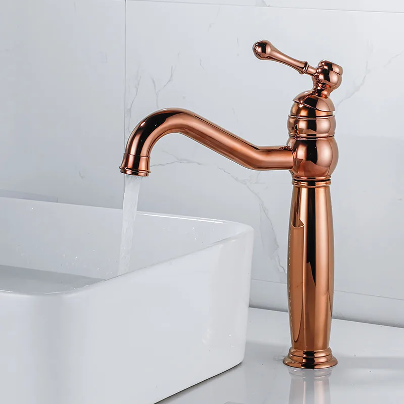 

Rose Gold Basin Faucets Antique Brass Sink Mixer Taps Hot & Cold Single Handle Rotating Deck Mounted Bathroom & Lavatory Useful