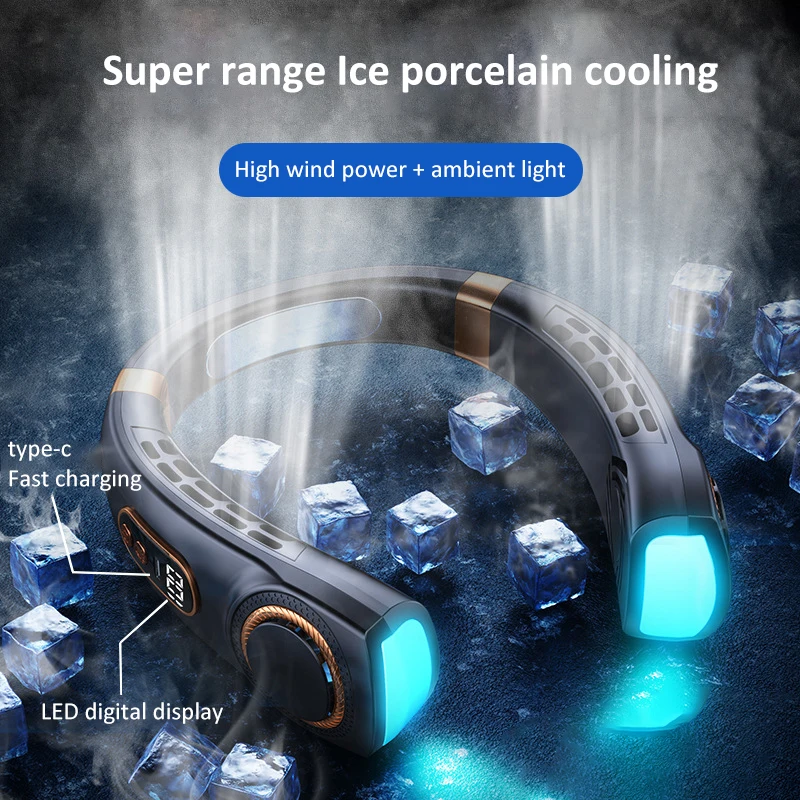 

Gen 2 5 Speed Portable Neck Fan With Ice Ceramic USB Handheld Mute LED Digital Display Leafless Mini Electric Fan + Flashlight