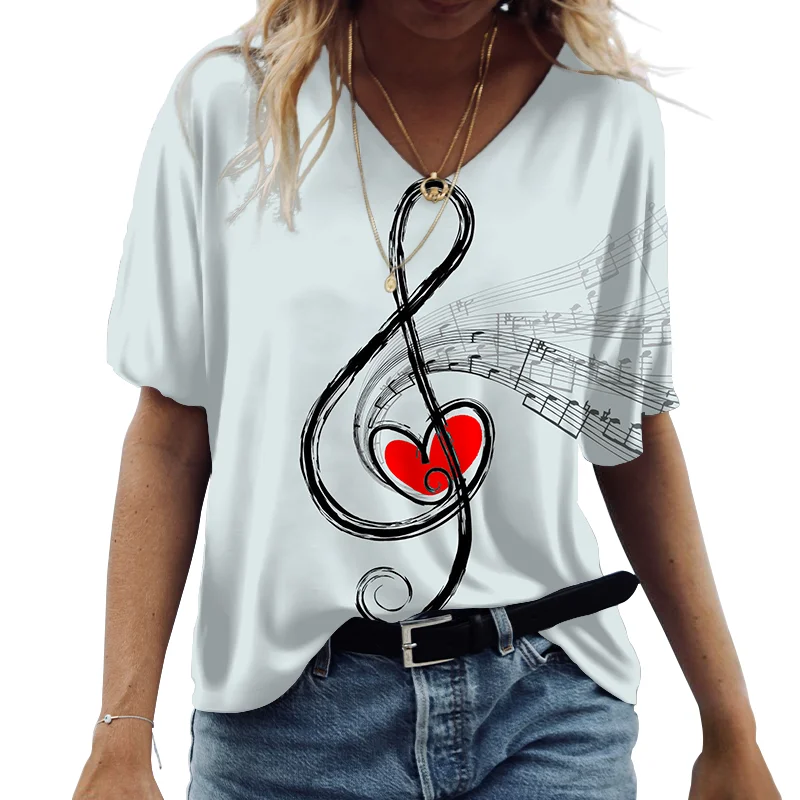 

2022 Fashion T-Shirts Women's Clothes Print Short Sleeve T-Shirt Loose Top Women's Harajuku T-Shirt Music Notes Print