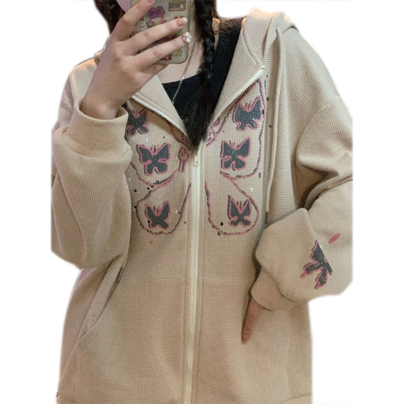 

Women Autumn Long Sleeve Hoodie Jacket Waffle Retro Full Zip Up Sweatshirt Coat Harajuku Butterfly Print Oversized Loose Sweater