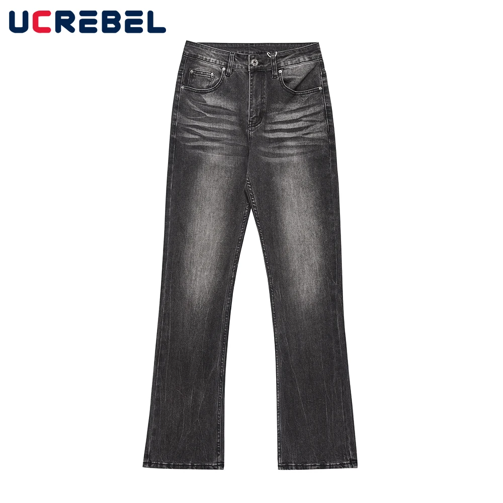 

Брюки мужские джинсовые прямые, повседневные расклешенные брюки с эффектом потертости, в стиле High Street, черные